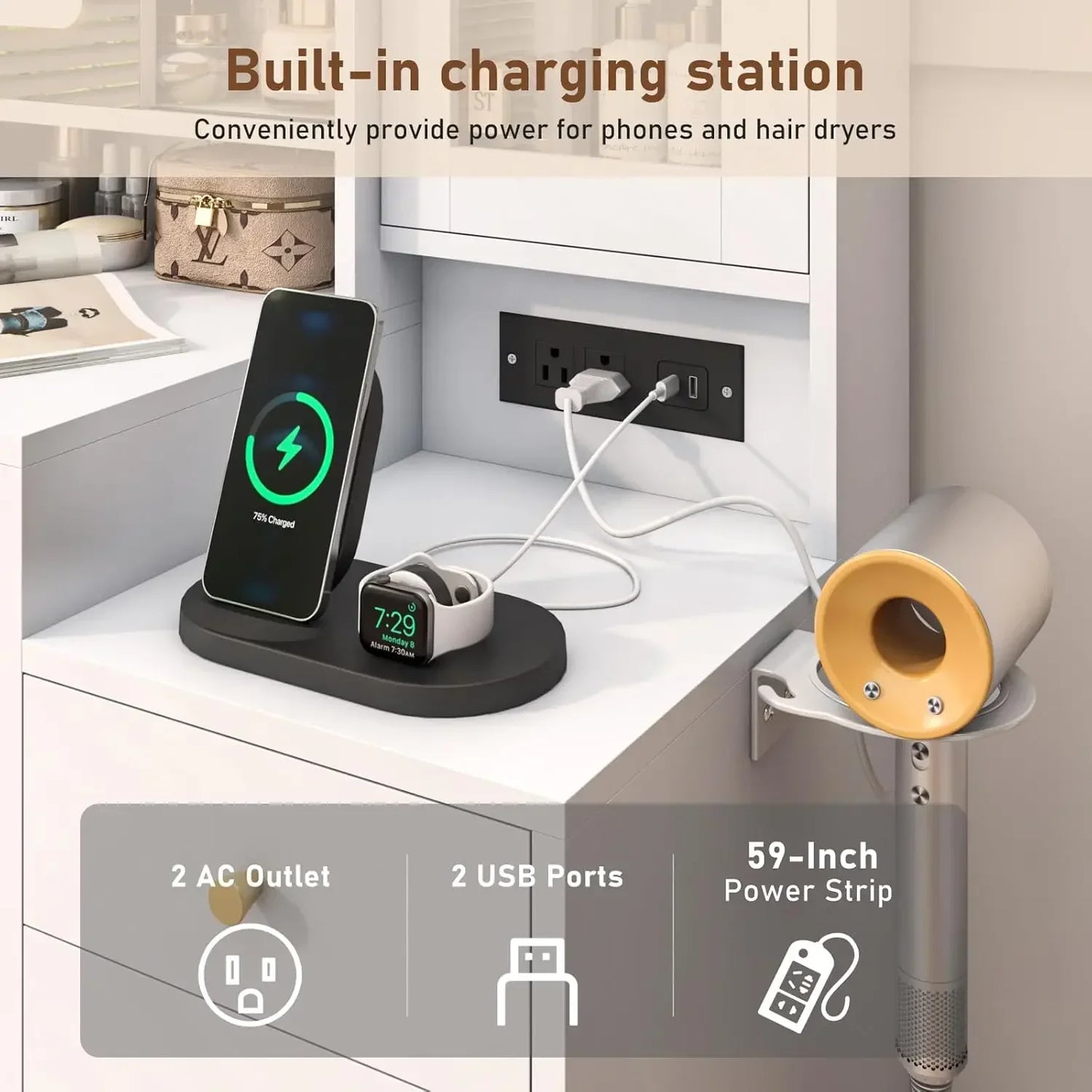 Makeup Mirror Desk with Charging Station and Storage for Girls Women