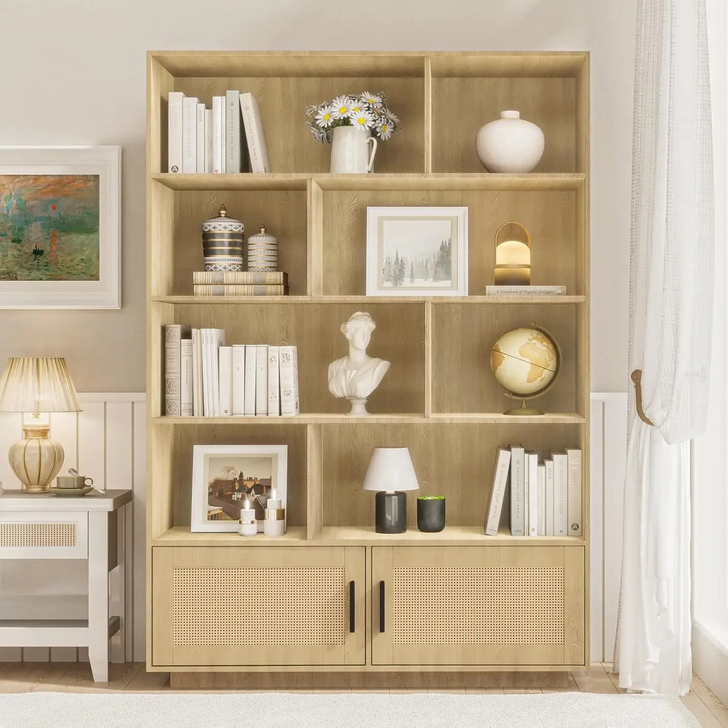 5 Tier Boho Bookshelf Rattan Doors Wooden Bookcase Storage Living Room