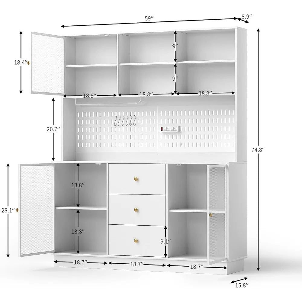 Large Kitchen Hutch Cabinet Pantry Storage with Metal Doors & Pegboard