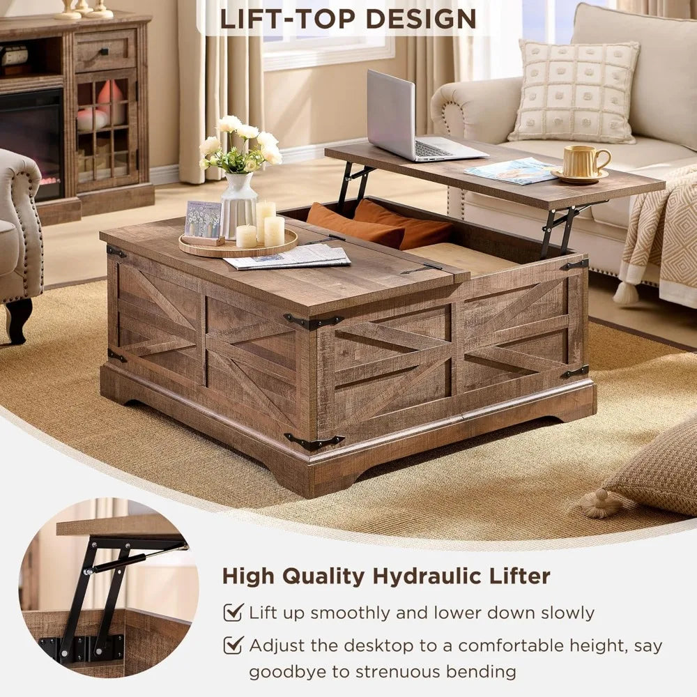 Farmhouse Lift Top Coffee Table with Hidden Storage Rustic Design