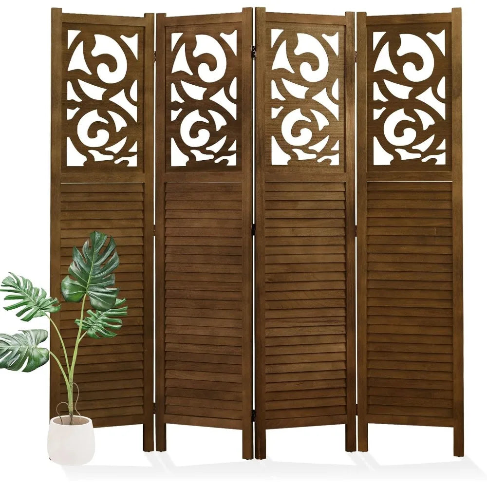 Folding Room Divider 4 Panels Wood Carved Privacy Screen Freestanding