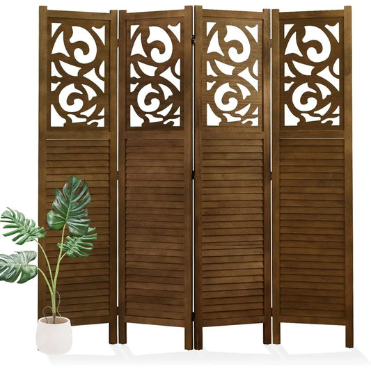 Folding Room Divider 4 Panels Wood Carved Privacy Screen Freestanding