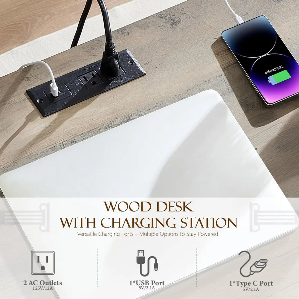 55 Inch Executive Desk with 7 Drawers and Built-In USB Outlet