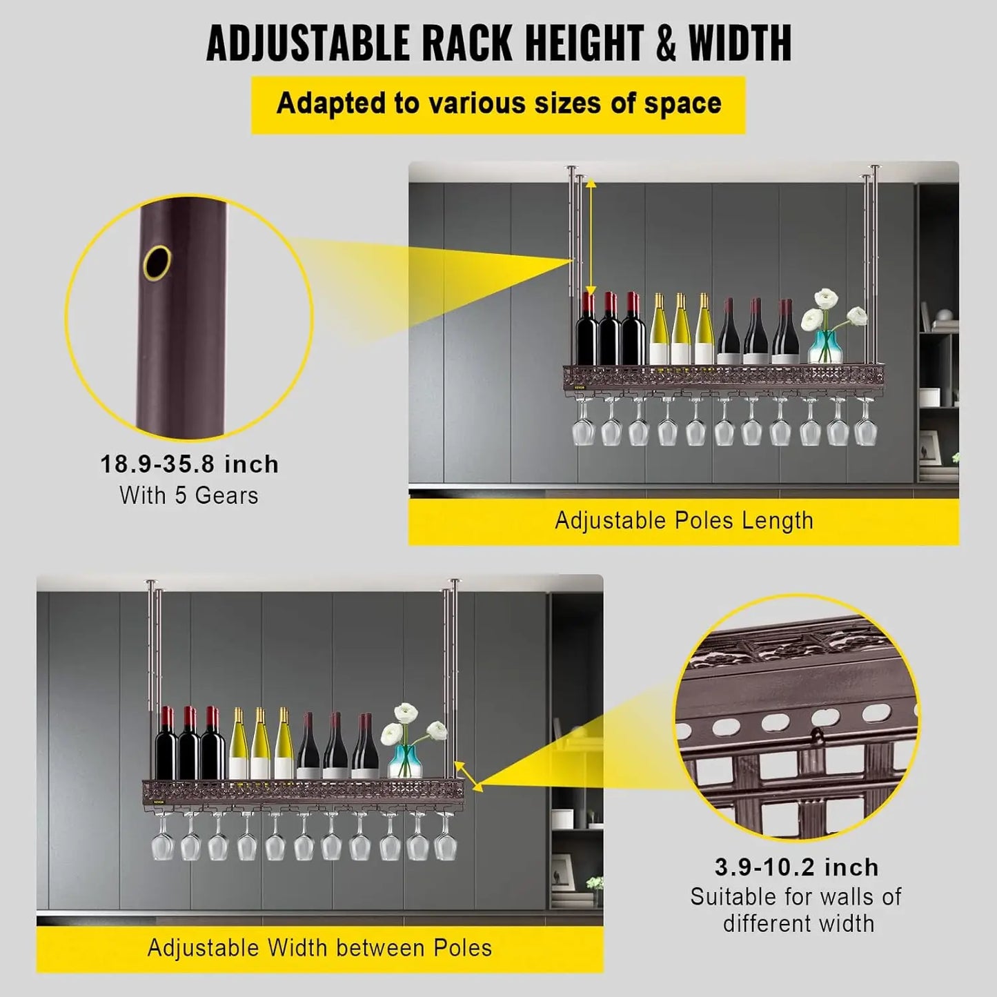 Ceiling Wine Glass Rack Adjustable Hanging Wine Rack for Home Bar Kitchen