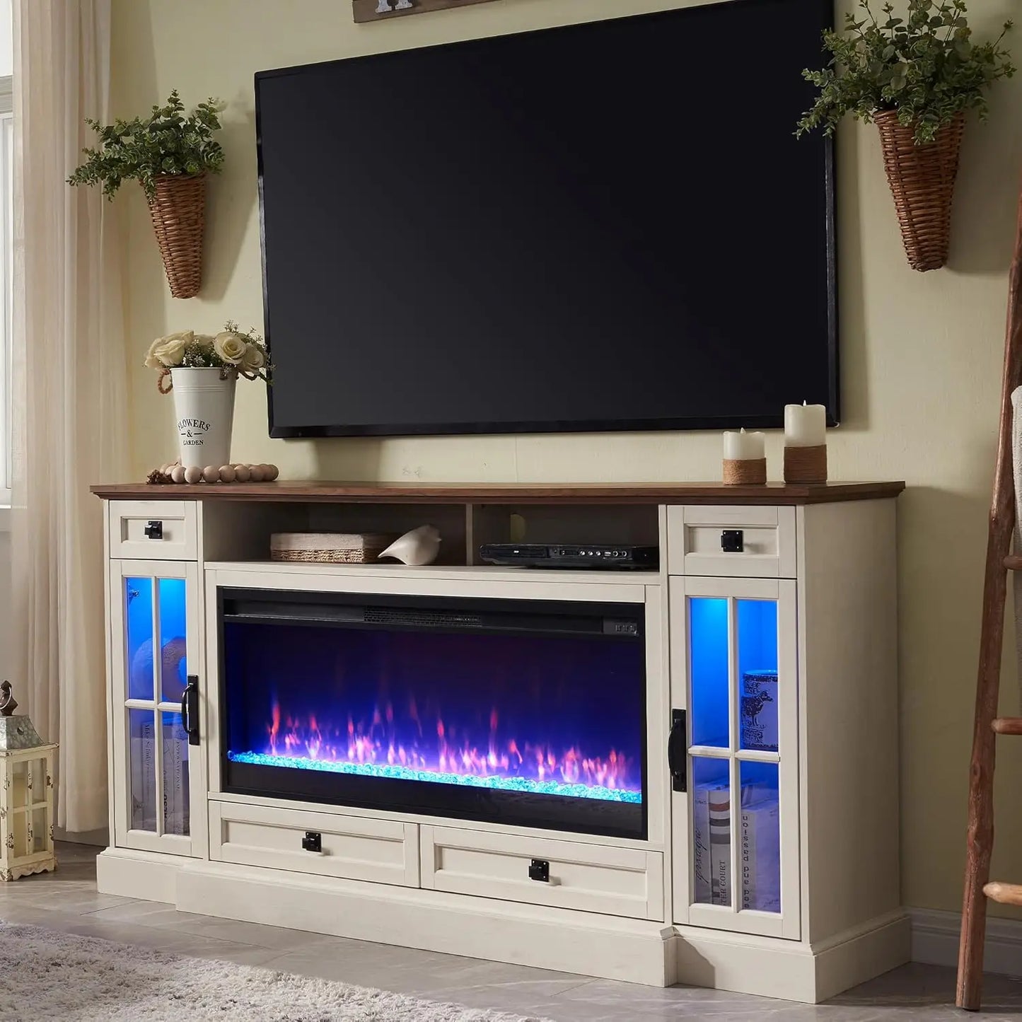 Fireplace TV Stand for 80 Inch TV Farmhouse Entertainment Center LED Lights