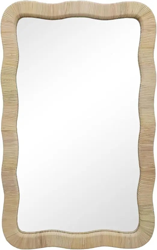 Rattan Wall Mirror Irregular Wave Decorative Mirror for Living Room Bedroom