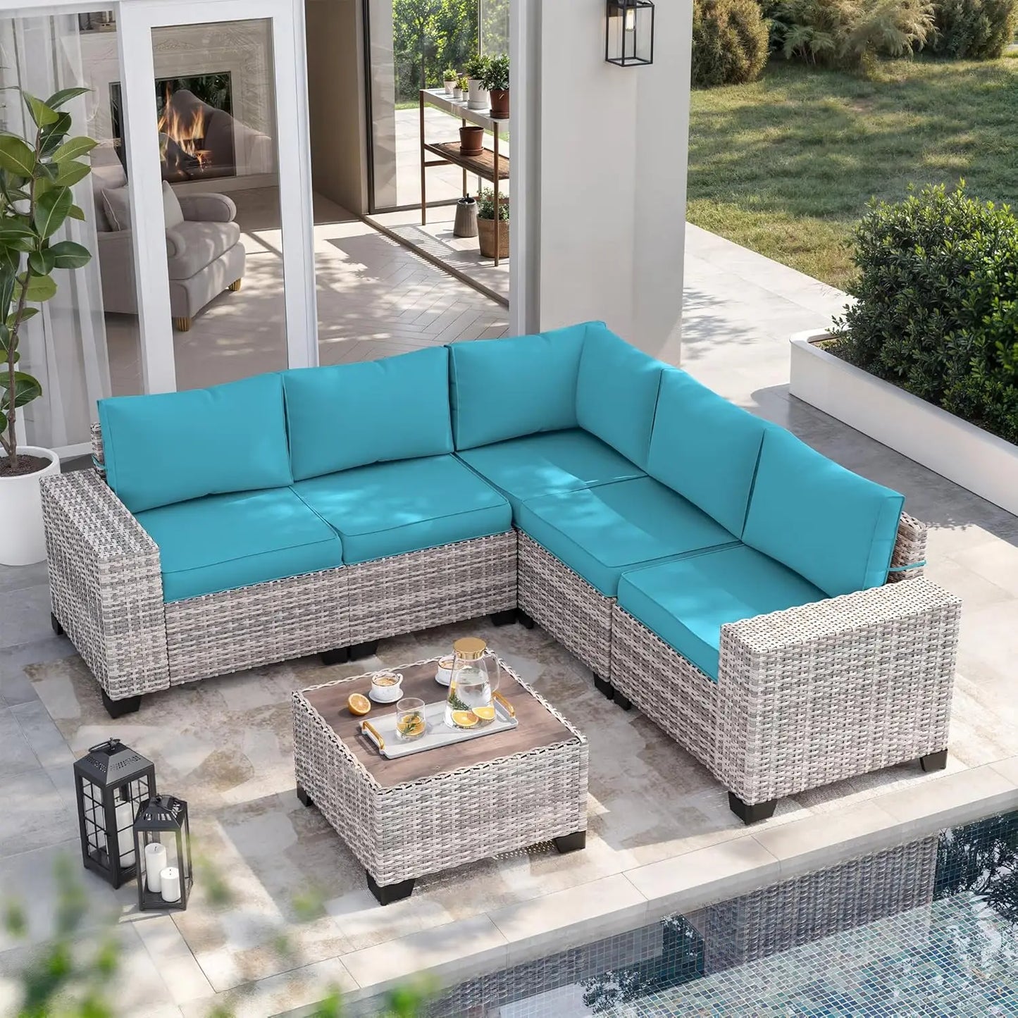 Ljustra 6-Piece Outdoor Patio Wicker Sofa Set with Cushions & Table