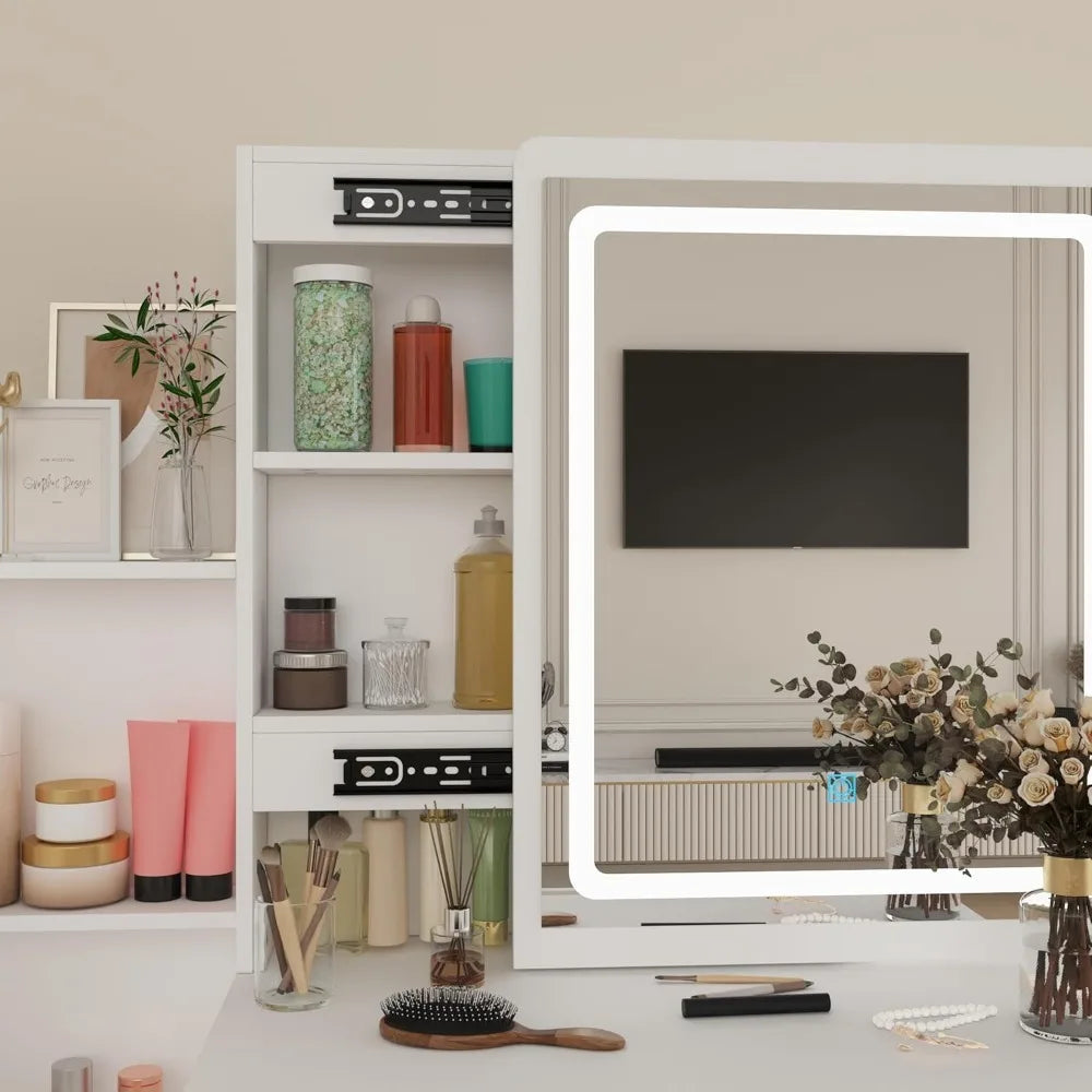 Vanity Desk Set with Sliding Lighted Mirror LED Makeup Table 3 Drawers