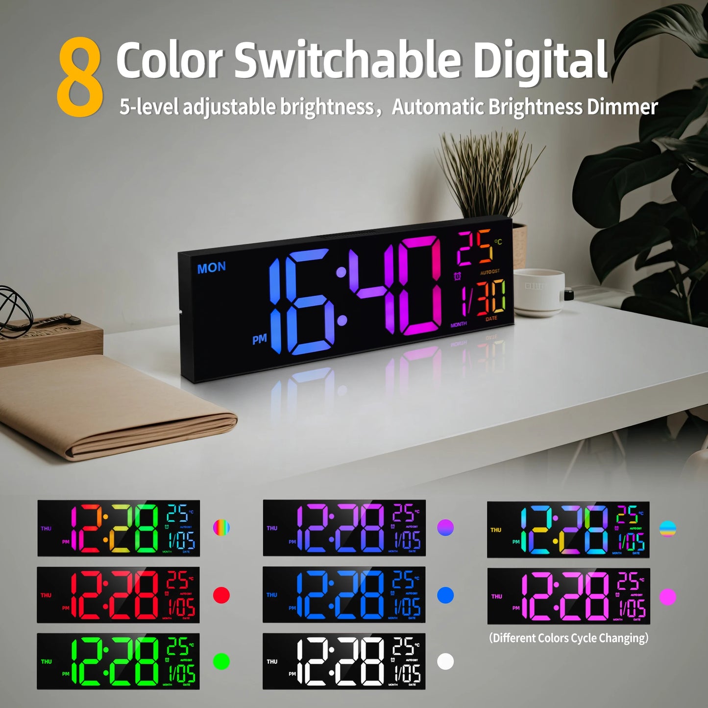 Large Digital Wall Clock LED Display Remote Alarm Temperature RGB