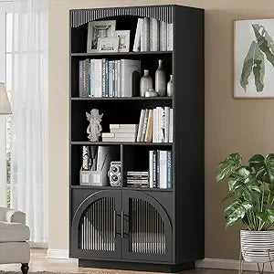 70 Inch Tall Black Bookshelf with Glass Doors Mid Century Modern Storage