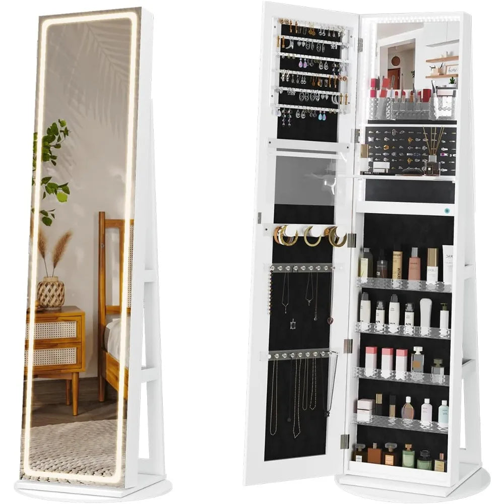 LED Mirror Jewelry Cabinet Full-Length Swivel Armoire with Lights