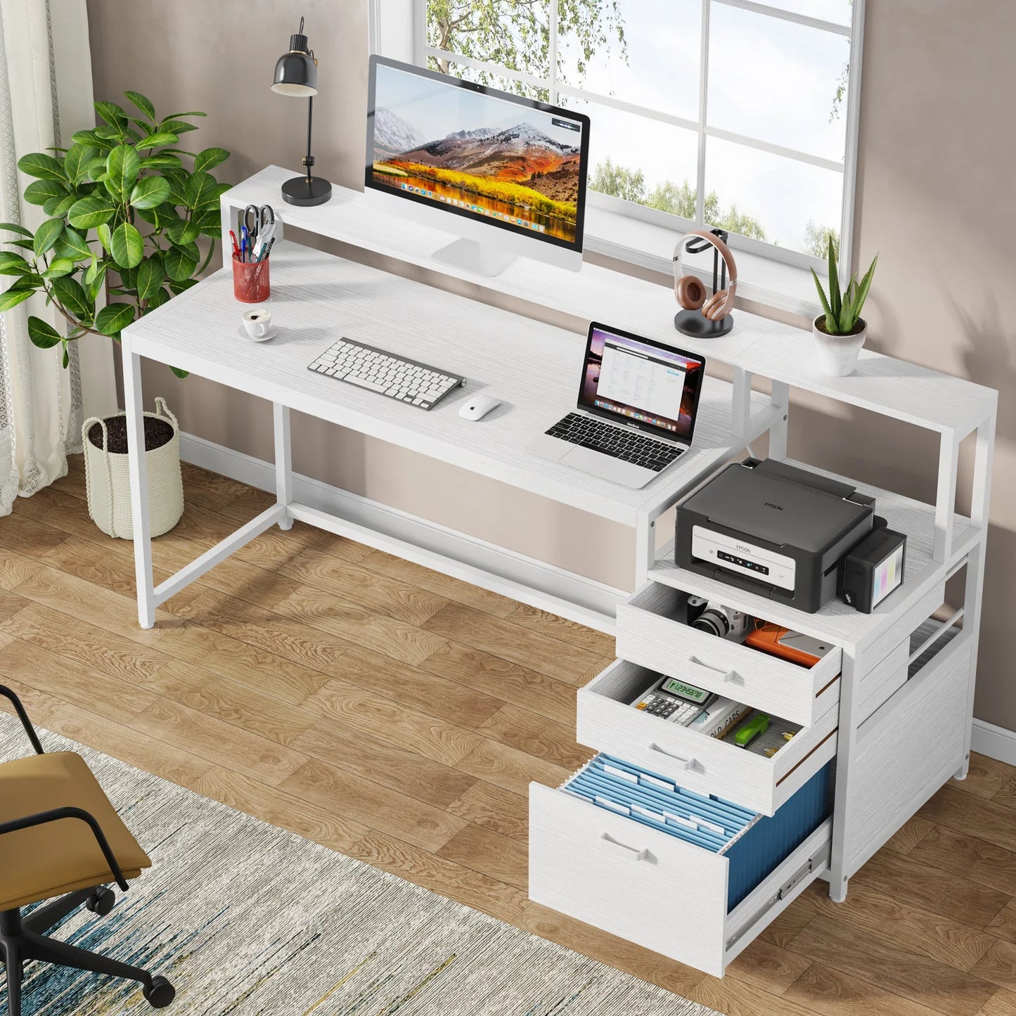 Ljustra 63 Inch Ergonomic Computer Desk with File Drawer Cabinet