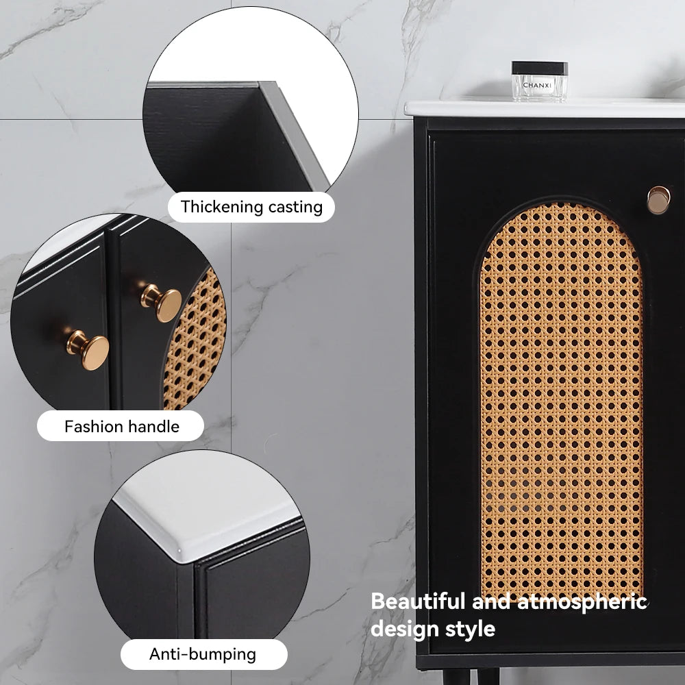 36 Inch Bathroom Vanity with Ceramic Basin Rattan Storage Cabinet