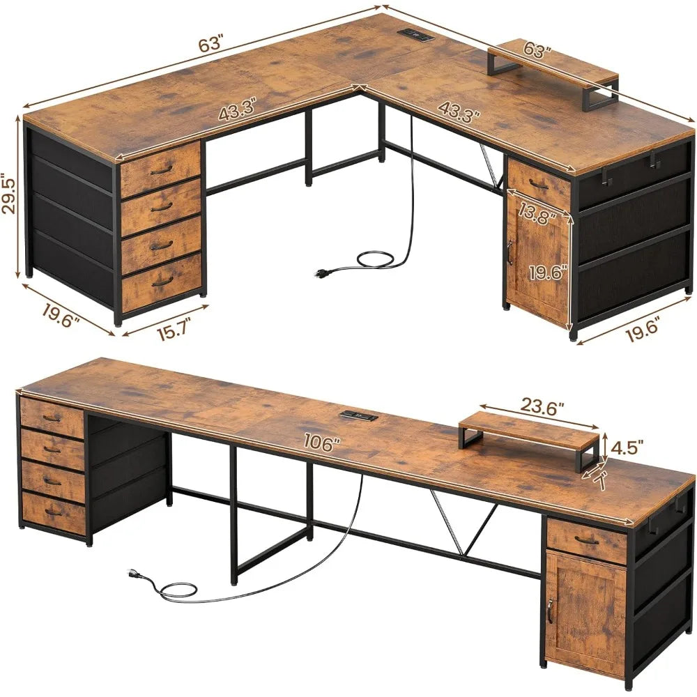 L Shaped Desk 63 Inch Computer Desk with 5 Drawers and Power Outlet
