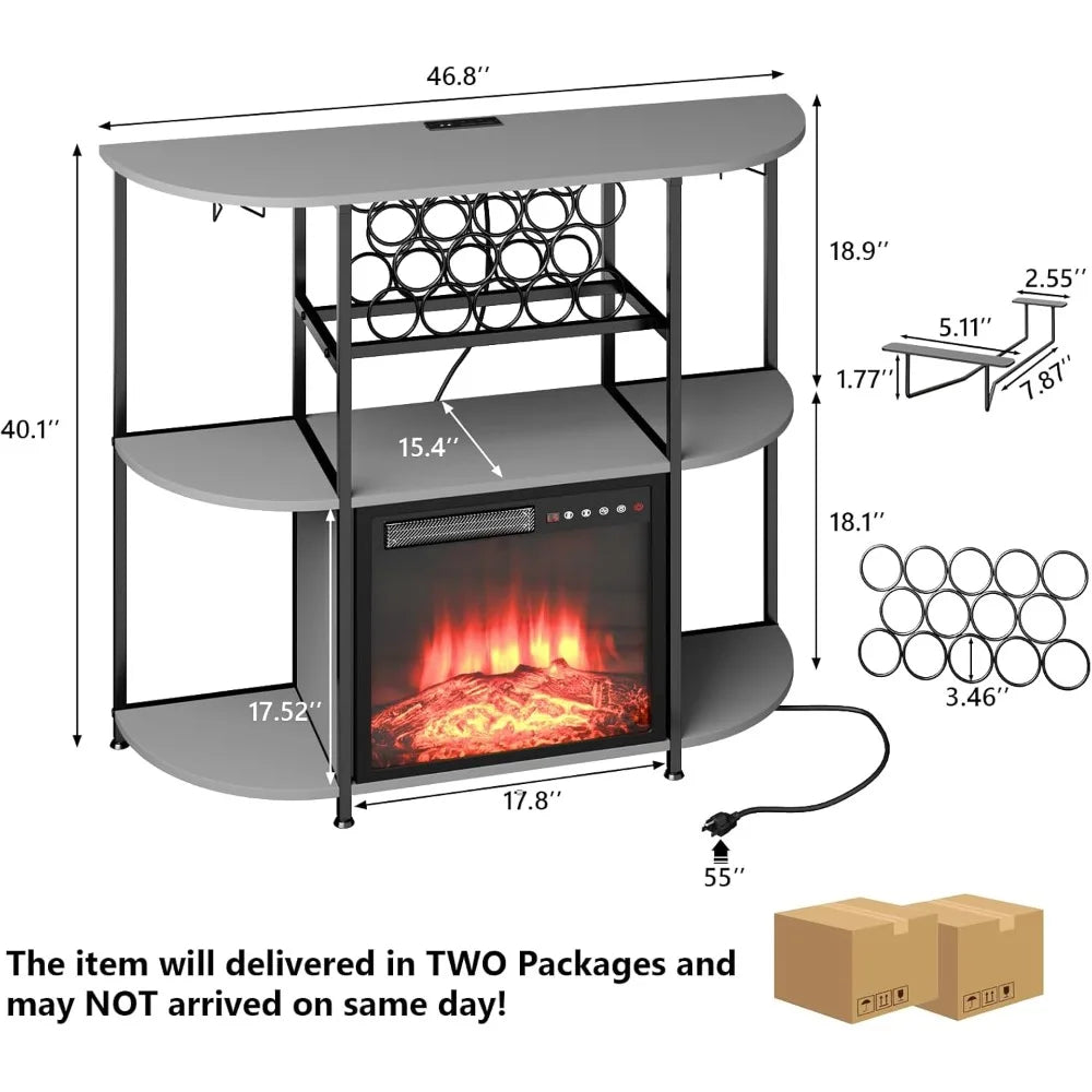 Bar Cabinet with Fireplace LED Lights Home Mini Bar with Power Outlet