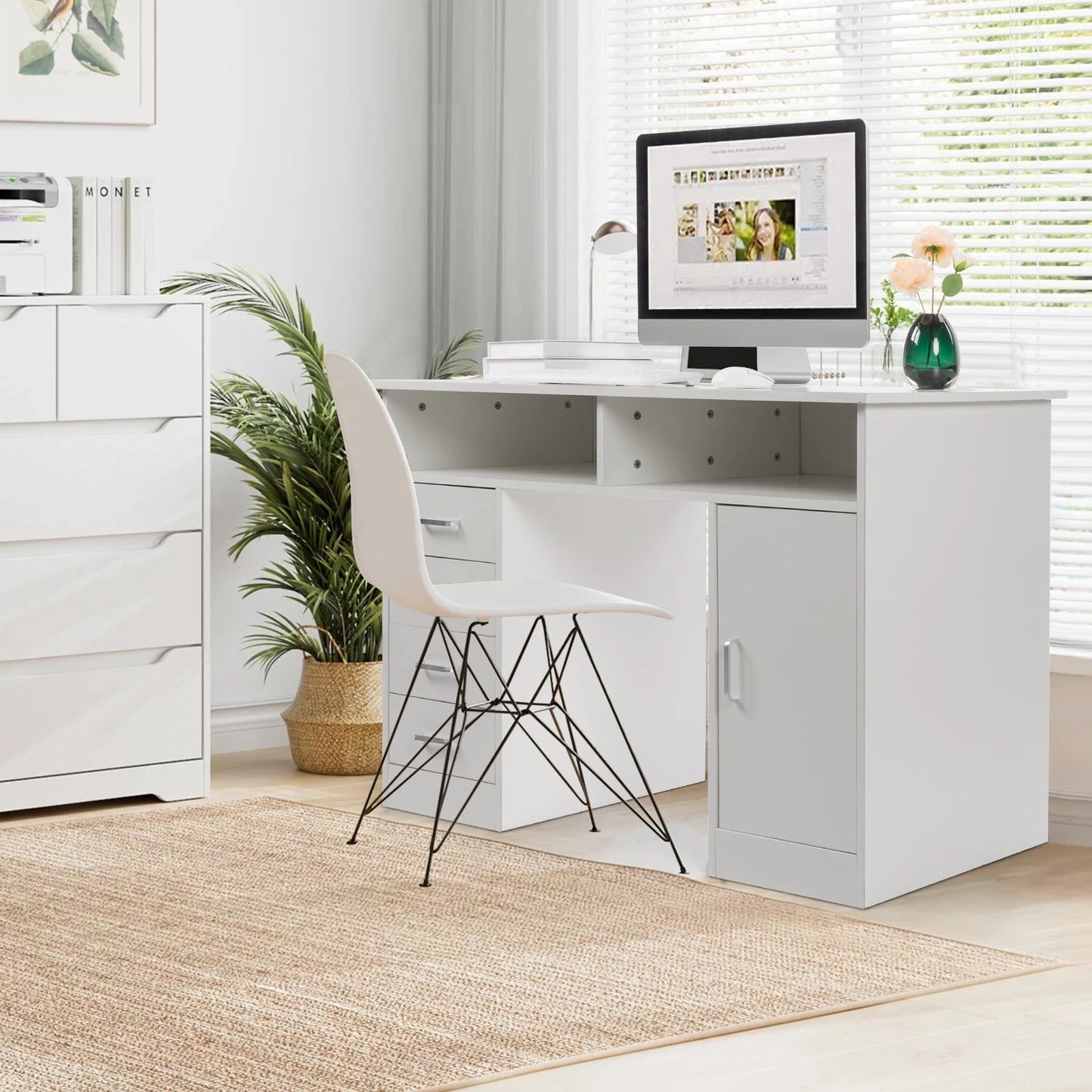 Ljustra White Wood Grain Computer Desk with Drawers and Interlayer 120cm