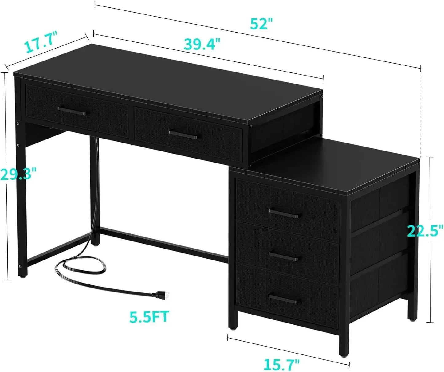 Reversible Computer Desk with 5 Drawers USB Ports Power Outlets