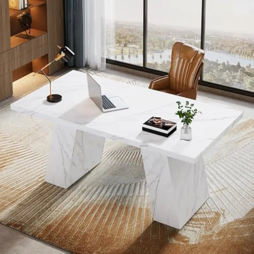 Modern Executive Desk 63 Inch Wooden Faux Marble Computer Workstation