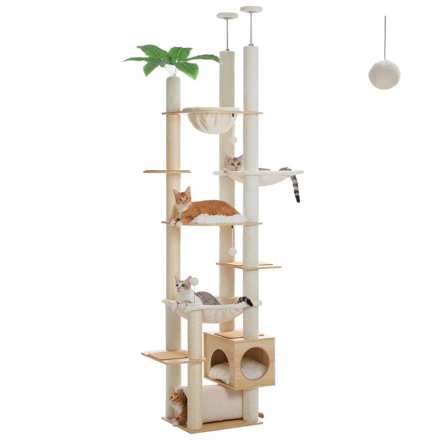 Floor to Ceiling Cat Tree Adjustable Height Wooden Tower with Scratching Posts