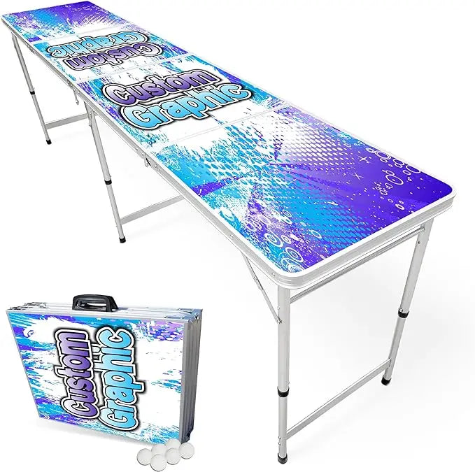 8-Foot Folding Beer Pong Table with Ball Holder LED Lights Custom Graphic