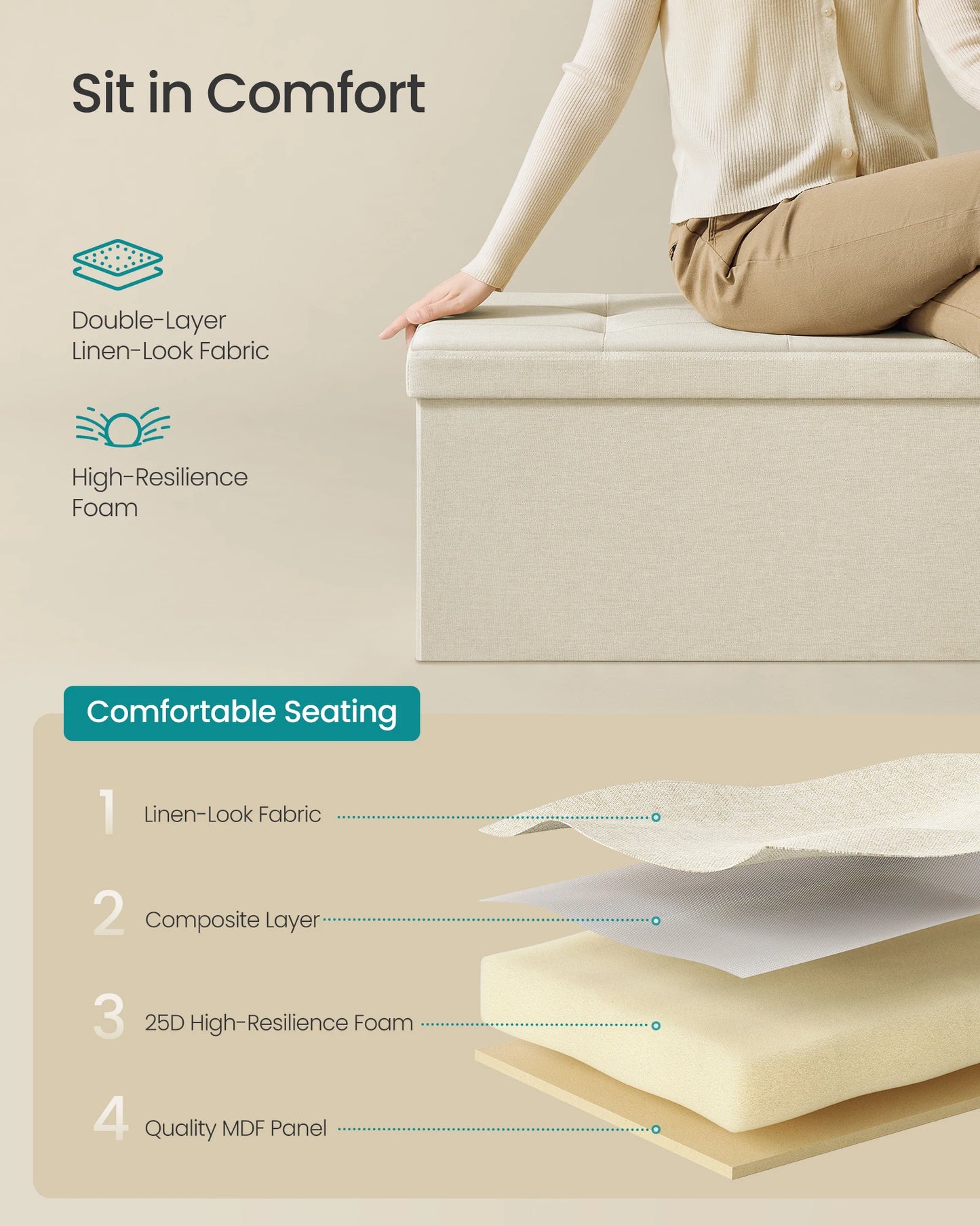 Ljustra 43 Inch Folding Storage Ottoman Bench Foot Rest Storage Chest