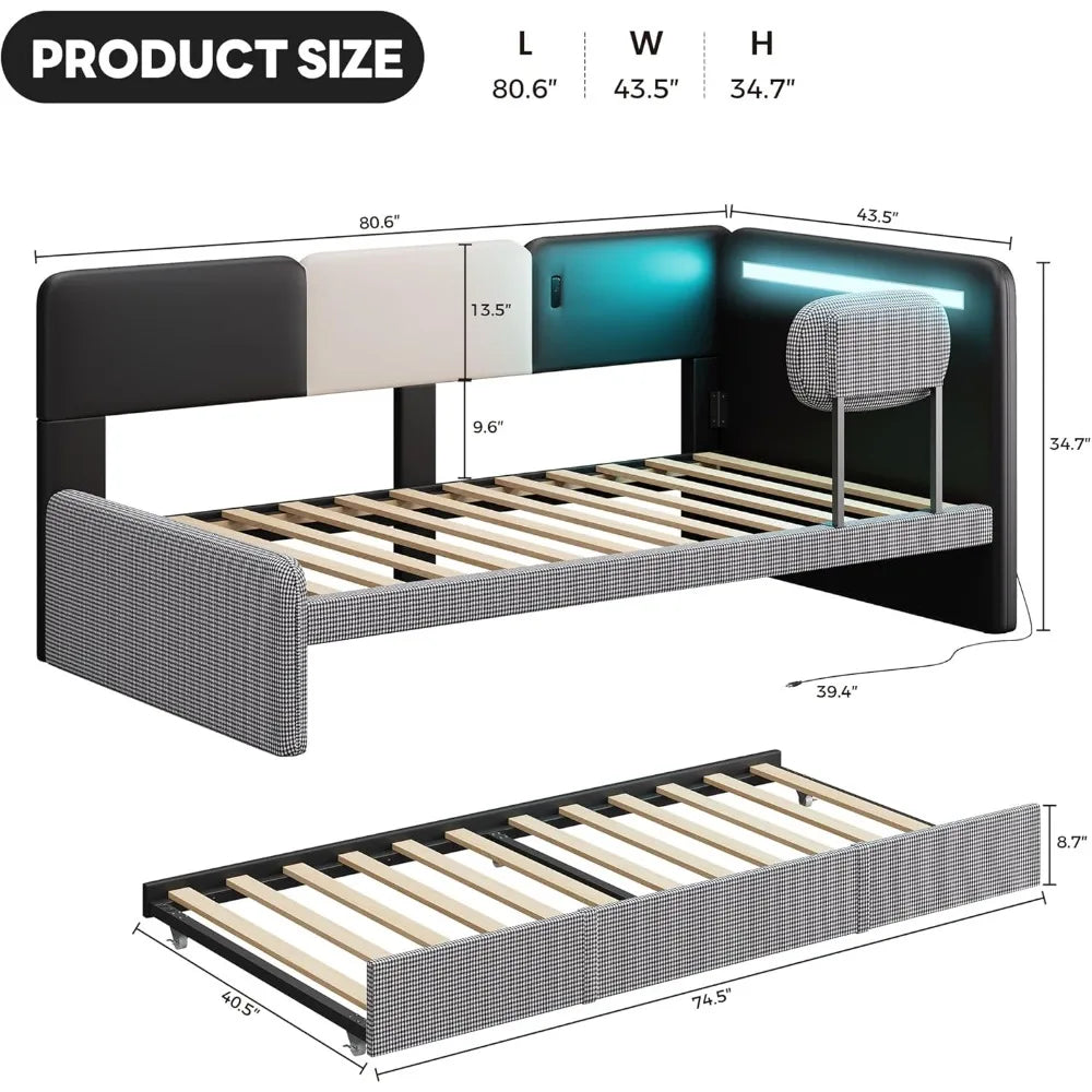 Daybed with Trundle Twin Bed Frame Upholstered LED USB Charging