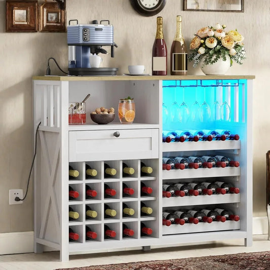 Wine Bar Cabinet with LED Light and Power Outlet Kitchen Buffet Sideboard