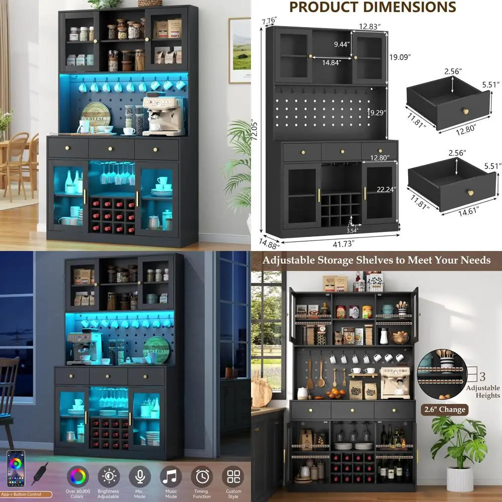 72 Inch Tall Wine Bar Cabinet with Storage Hutch and LED Lighting