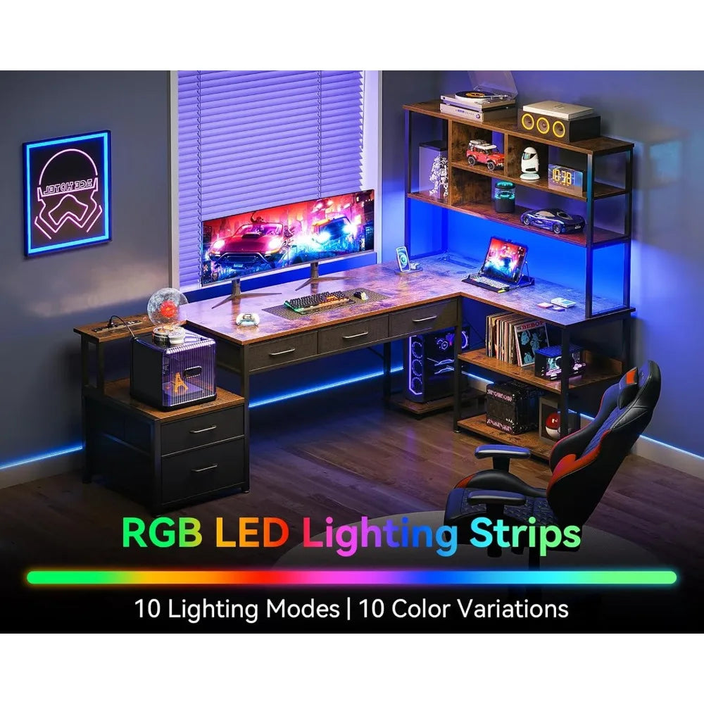 L Shaped Desk with File Drawers Reversible Gaming Desk with Power Outlets