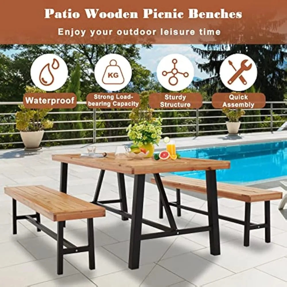 Outdoor Dining Bench Set of 2 Wooden Picnic Benches for 6 People