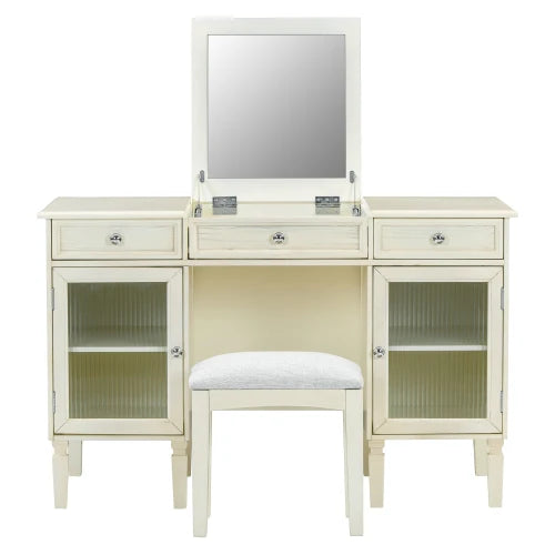 2-in-1 Vanity Desk with Flip Mirror Storage White Oak Furniture