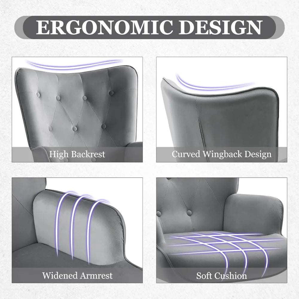 Grey Velvet Accent Chair Wingback Modern Living Room Furniture