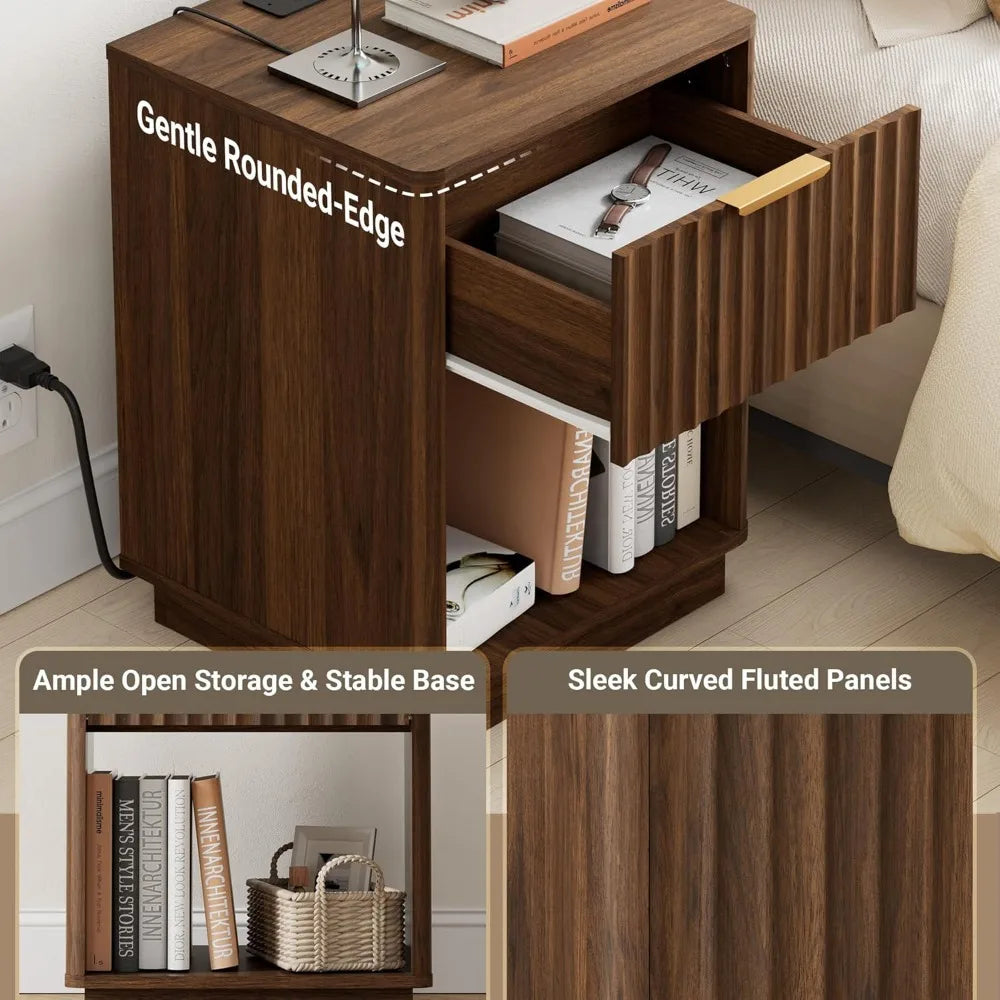 Walnut Fluted Nightstand Set of 2 Bedside Table with Charging Station