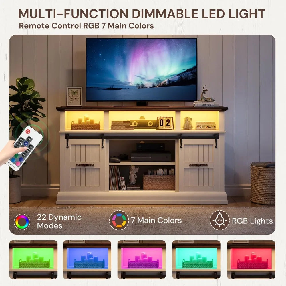 Sideboard Buffet Cabinet 58" Sliding Barn Doors LED Lights Farmhouse Decor