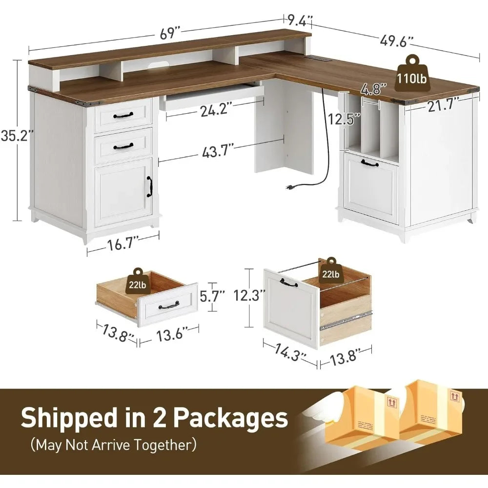 Farmhouse L Shaped Desk with Drawer and Charging Station for Home Office