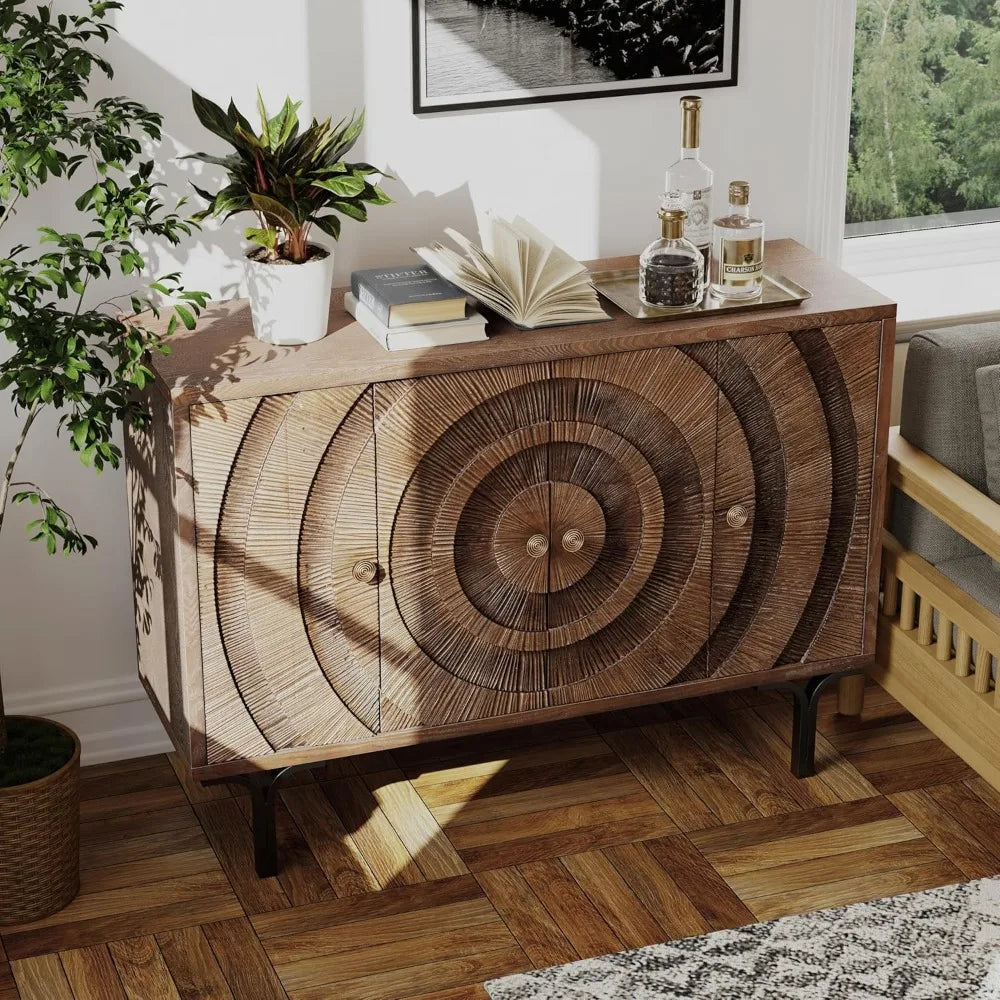 Farmhouse 4-Door Storage Cabinet Accent Sideboard Buffet with Pattern