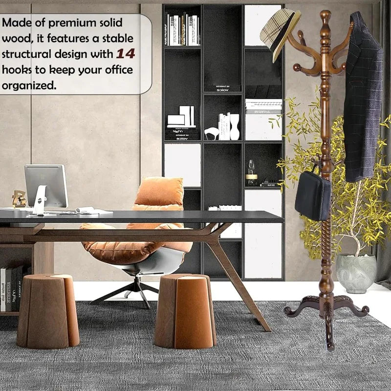 Free Standing Coat Rack with 11 Hooks Adjustable Height Natural Wood