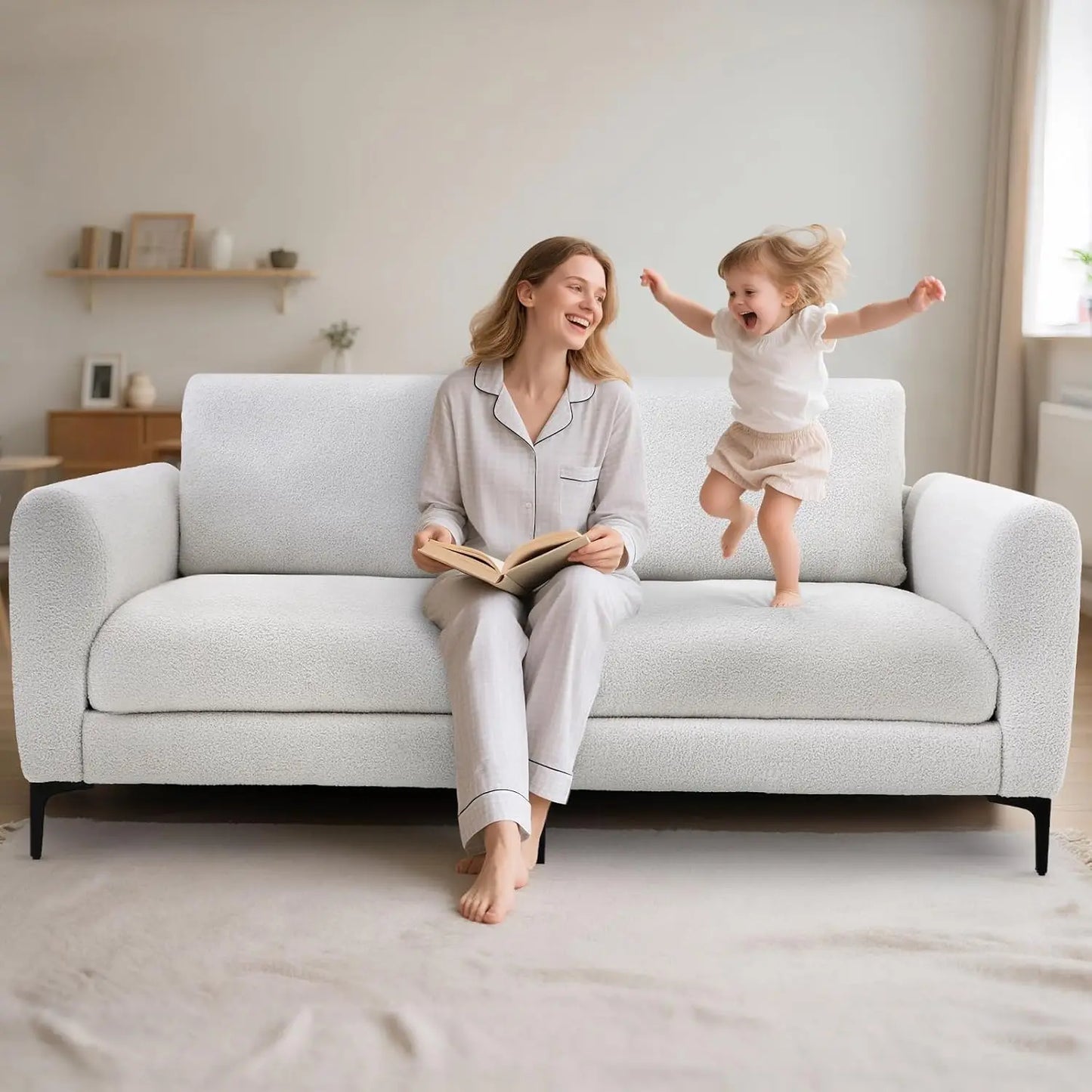 3-Seater White Teddy Velvet Recliner Sofa, Deep Seat & Wood Frame