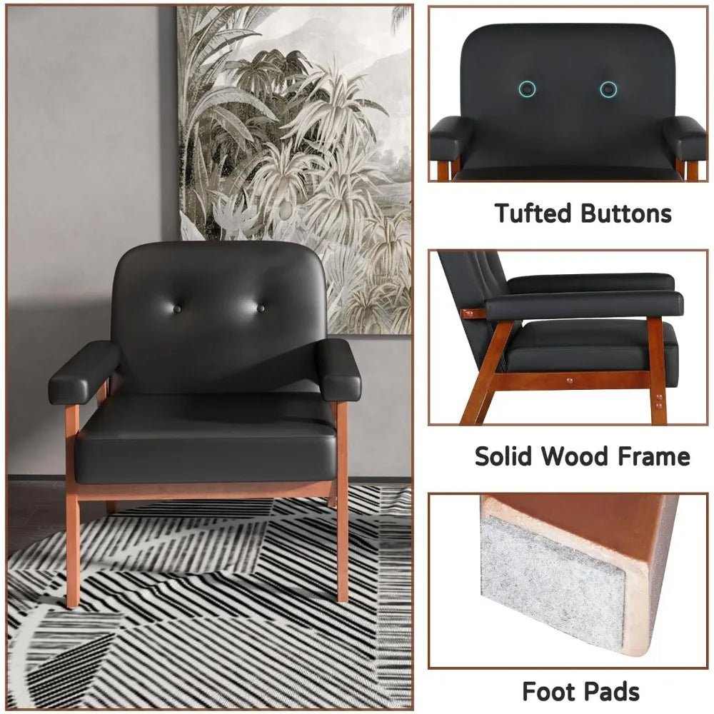 Black Leather Accent Chairs Mid Century Modern Set of 2 for Office Living