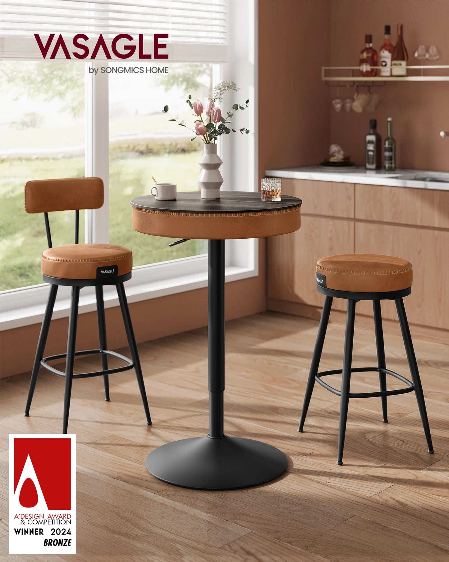 Height Adjustable Round Bar Table with Storage Modern Pub Table
