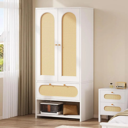 Rattan Wardrobe Closet 70 Inch Tall Large Armoire Storage Cabinet