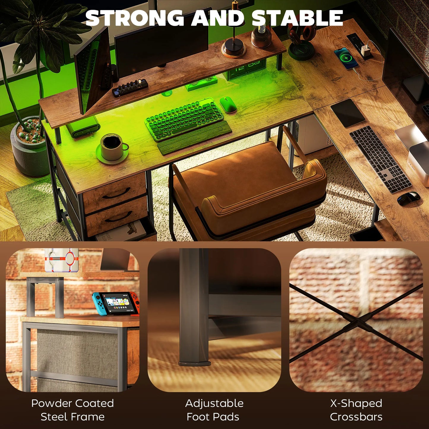 66 Inch Reversible L Shaped Computer Desk with File Drawer and USB Outlets