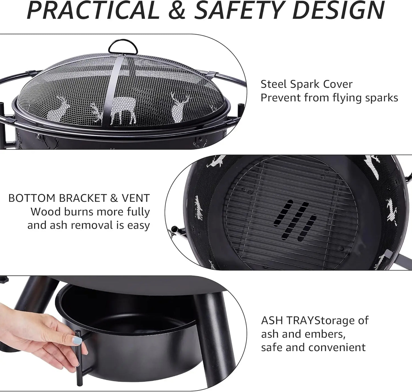 32 Inch Large Fire Pit with Grills Outdoor Wood Burning Cooking Grate