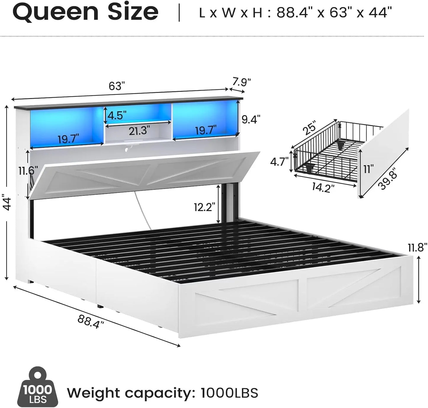 Farmhouse Queen Bed Frame with Storage Drawers and LED Lights