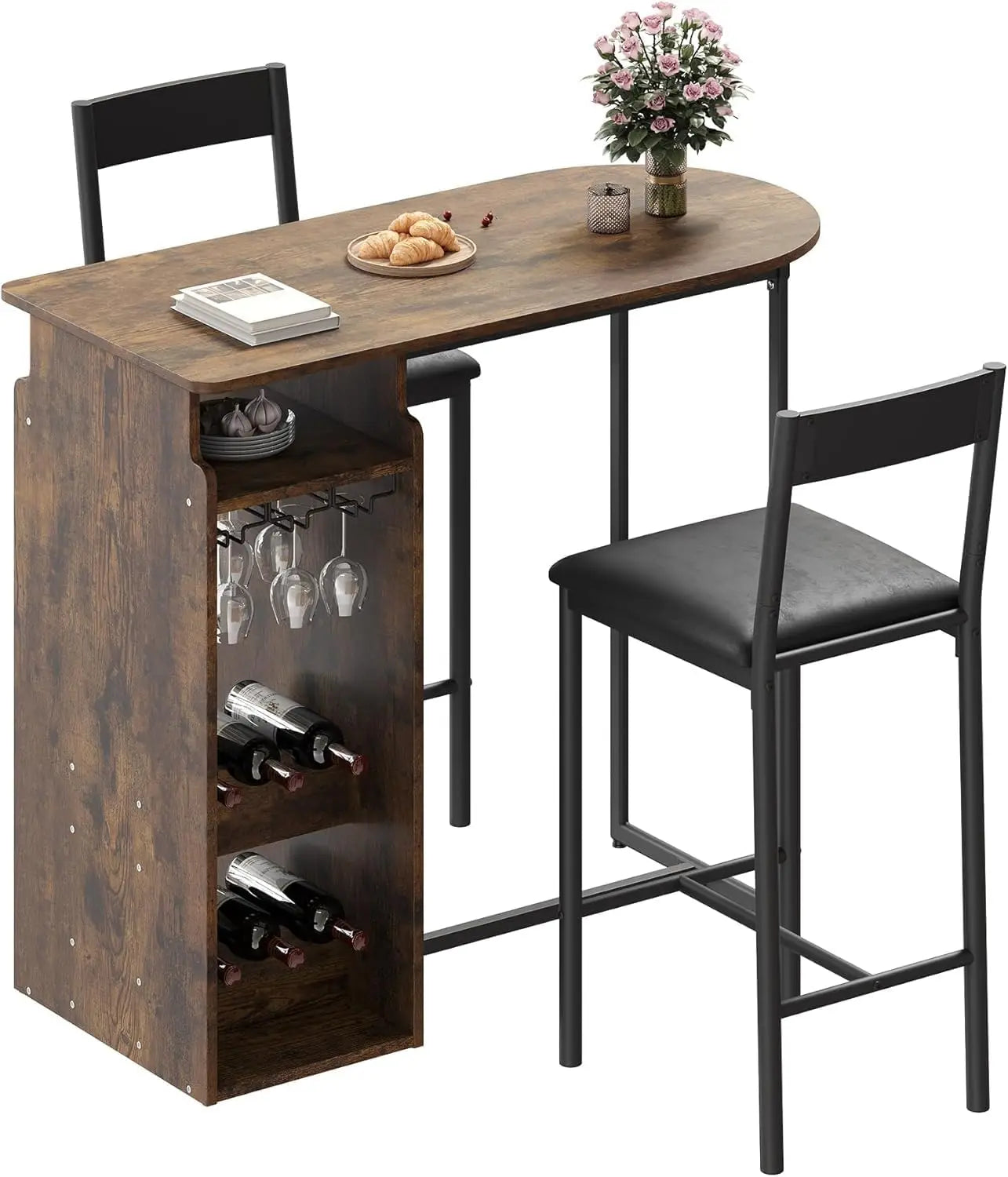 Bar Table and Chairs Set for 2 with Triple-Tier Wine Rack and Glass Holder