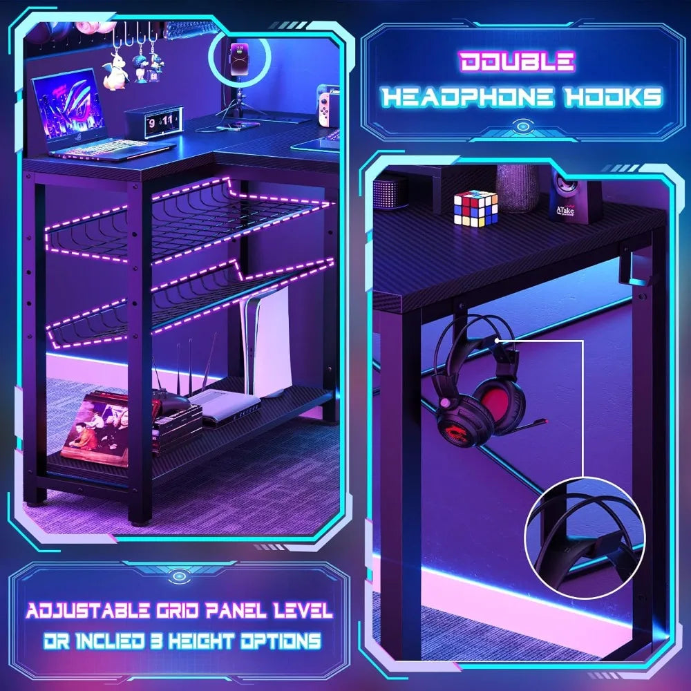 Small Gaming Desk with LED Light Storage Pegboard and Power Outlets