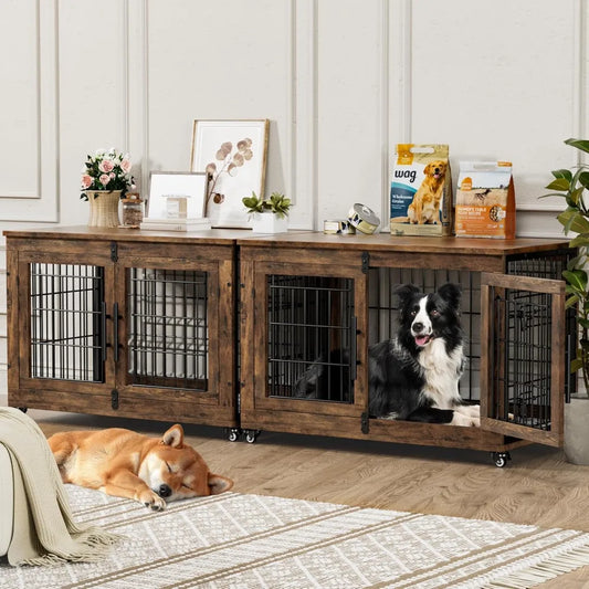 Ljustra Dog Crate Furniture with Cushion Set of 2 Large Wooden Kennel