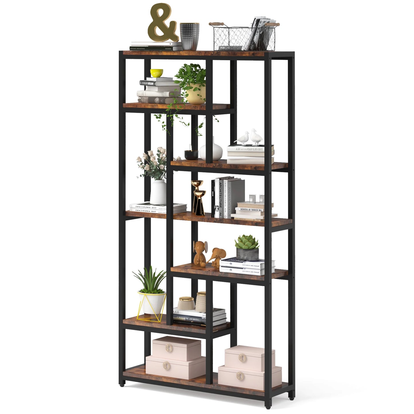 Ljustra Modern 8-Tier Staggered Bookcase Wide Wood Etagere Shelving Unit