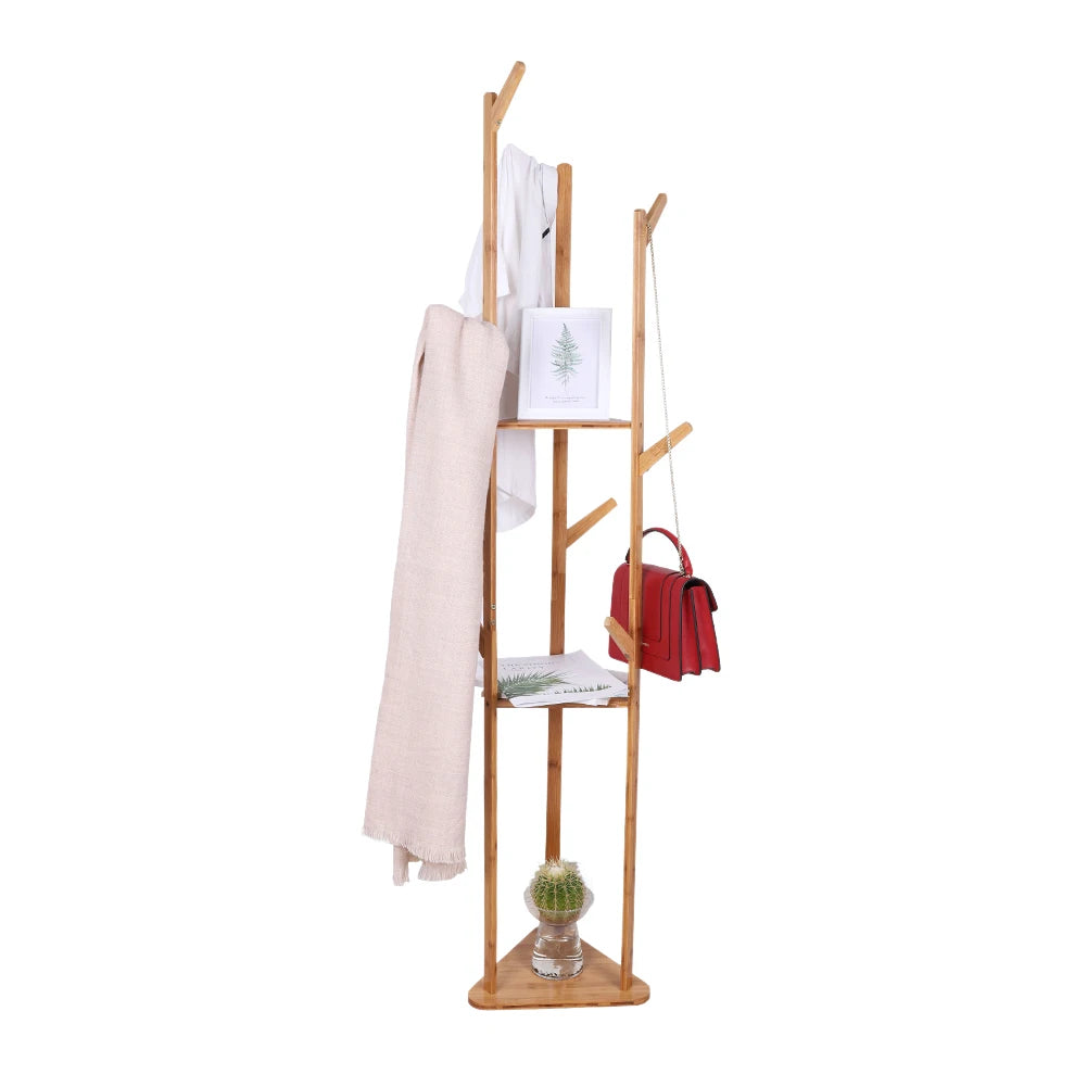 Bamboo Coat Rack Tree with 9 Hooks and 3-Layer Shelf Stand for Home