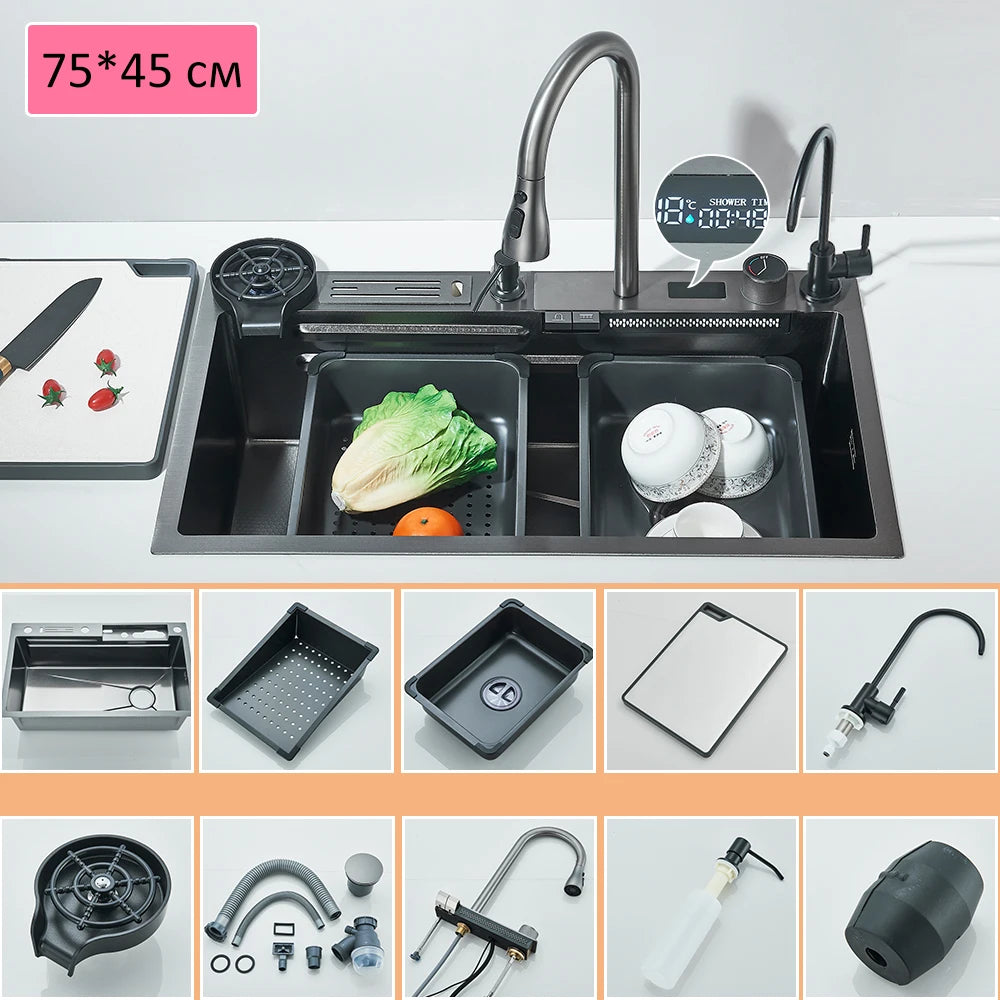 Large Stainless Steel Kitchen Sink 75x45cm with Faucet Digital Display